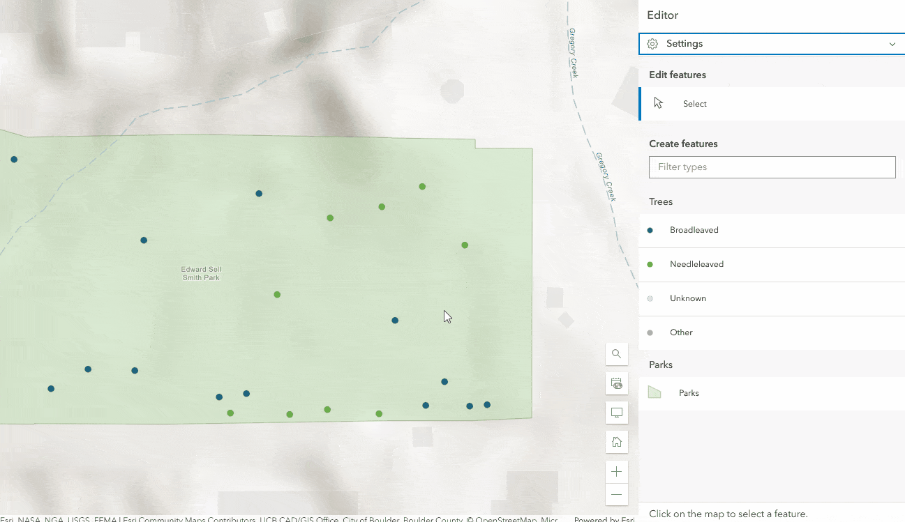 User selects the parent feature (the park) and clicks the "add feature" button to create a child feature (the tree).