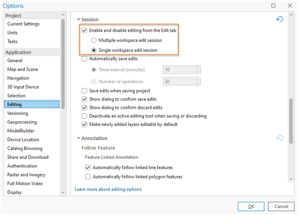An options menu in ArcGIS Pro displaying editing options for the session.