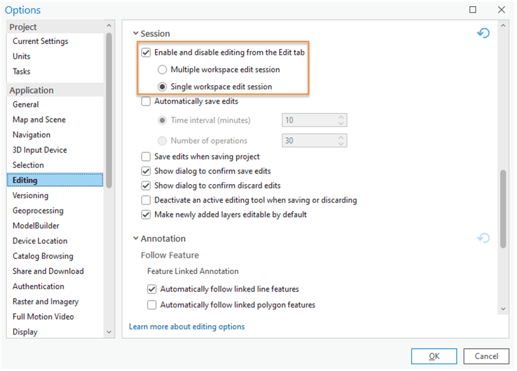 An options menu in ArcGIS Pro displaying editing options for the session. An options menu in ArcGIS Pro displaying editing options for the session.