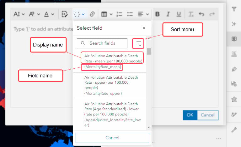 The list of fields and expressions can be sorted by field name or display name.