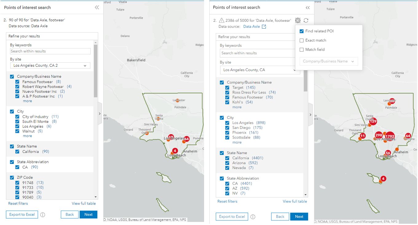 Comparison of POI search results in the improved POI search