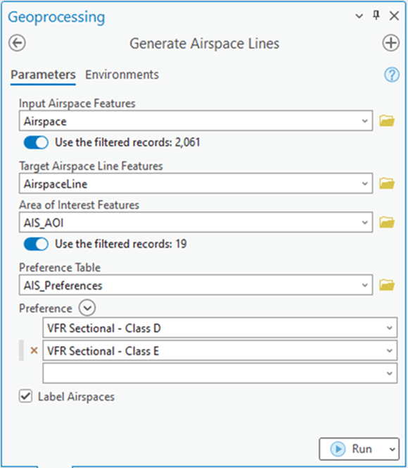 Generate Airspace Lines tool pane in ArcGIS Pro. Generate Airspace Lines tool pane in ArcGIS Pro.