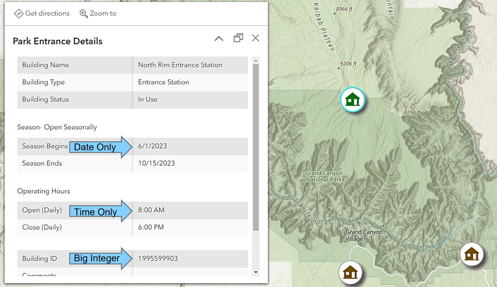 New field types display date, time, and big integer data in the pop-up.