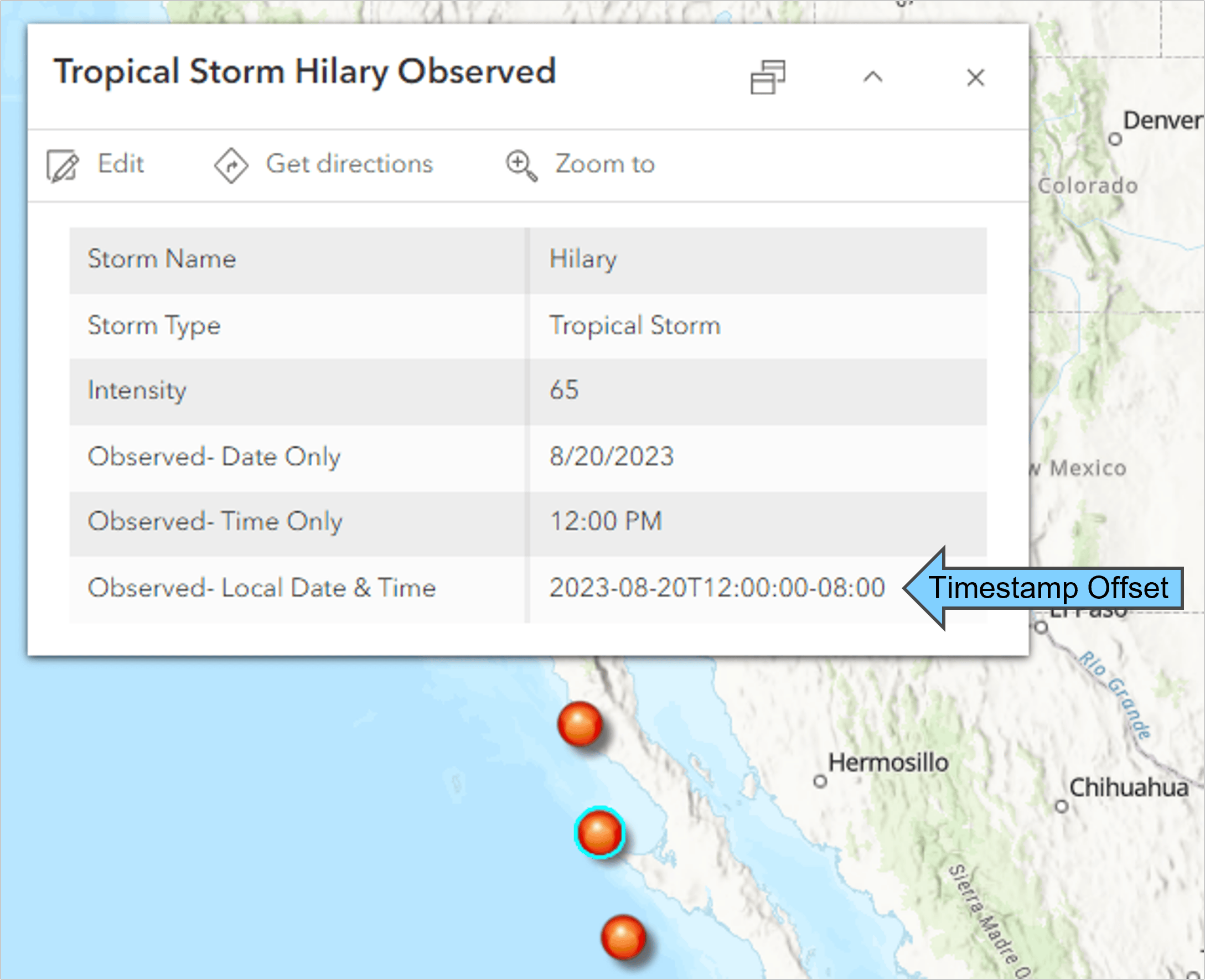 The timestamp offset field displays in a pop-up on the map. The format includes the date, time, and time zone offset.