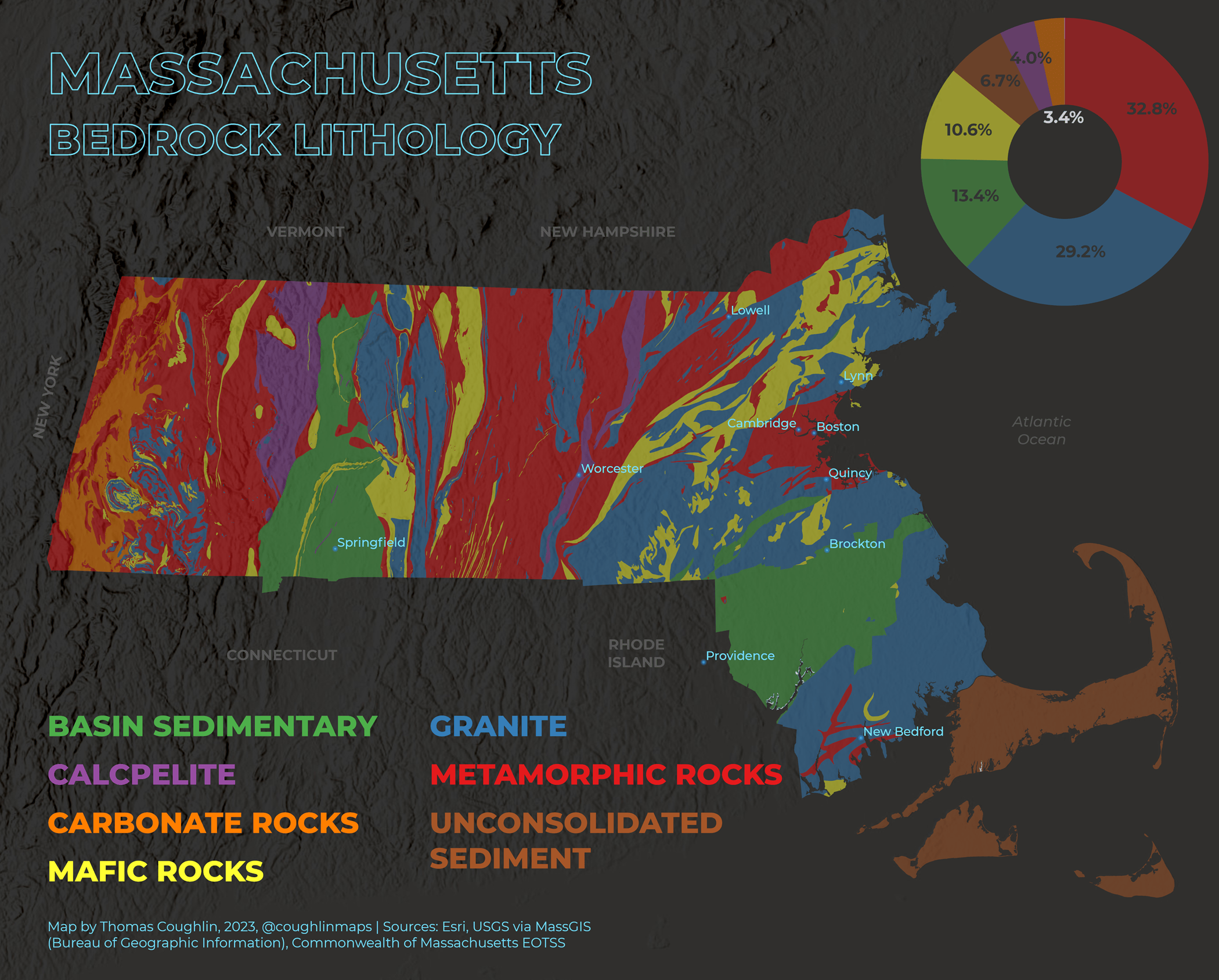 Map of Massachusetts geology with a pie chart.
