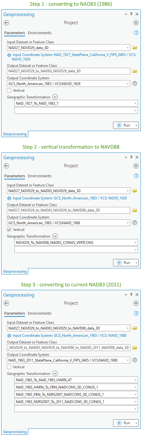 Three-step workflow to convert the NAD27 + NGVD29 3D dataset to the current NAD83 (2011) + NAVD88 datums