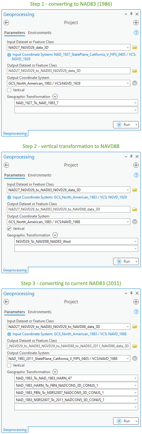 Three-step workflow to convert the NAD27 + NGVD29 3D dataset to the current NAD83 (2011) + NAVD88 datums
