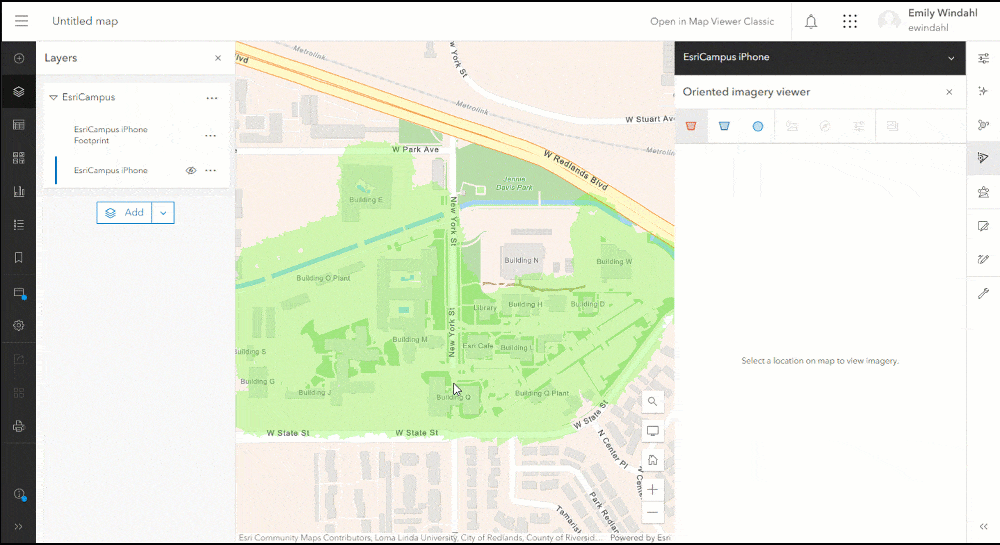 An image is loaded into the oriented imagery viewer in Map Viewer; as the user pans and zooms, the coverage of the image is shown on the map