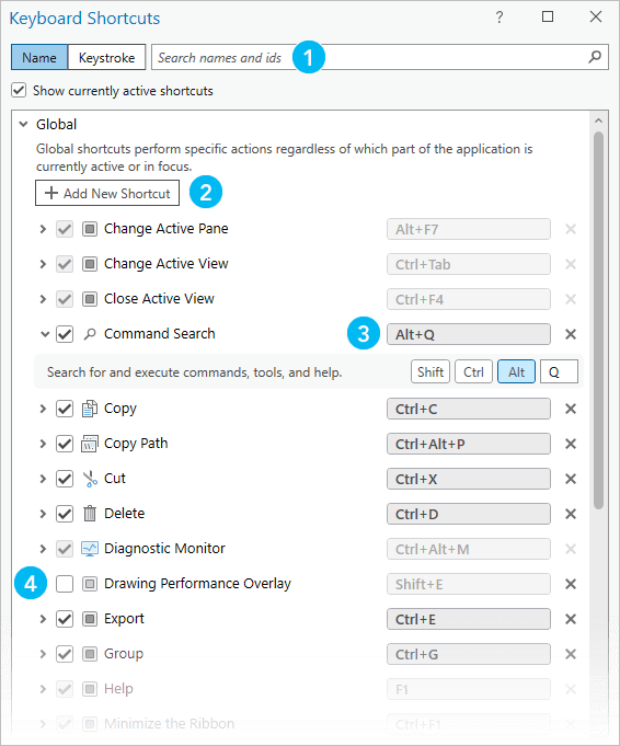 Screenshot of keyboard short cuts