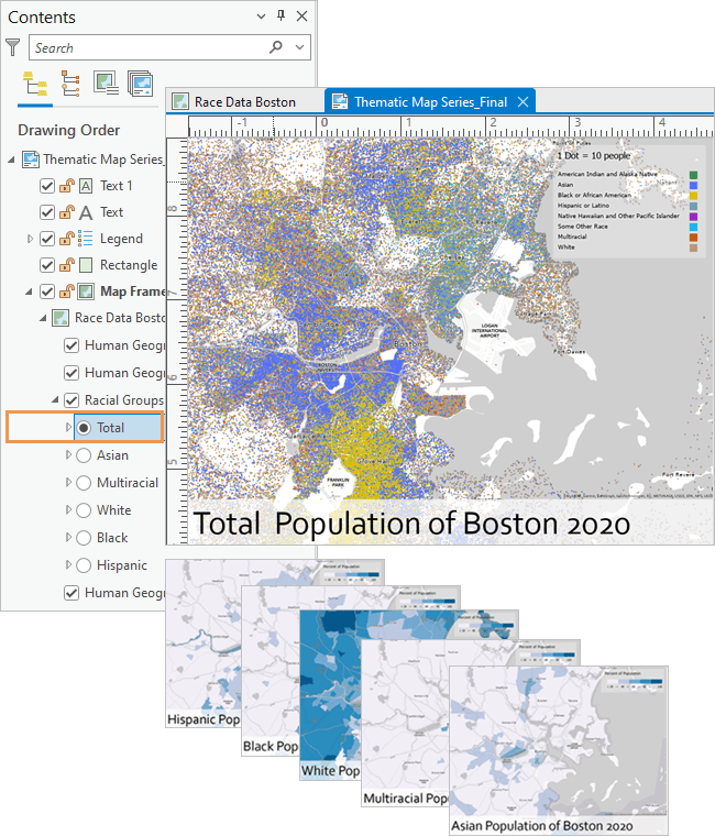 ArcGIS Pro contents pane with various maps on population presented.