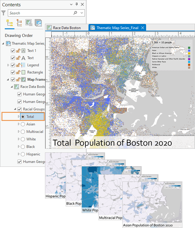 ArcGIS Pro contents pane with various maps on population presented. ArcGIS Pro contents pane with various maps on population presented.