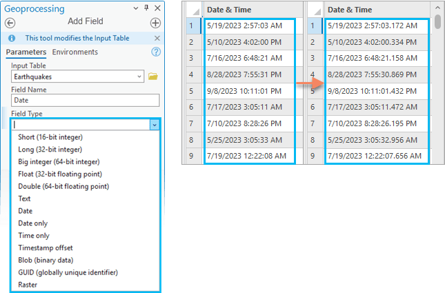 ArcGIS Pro screenshots of showing the new field types.