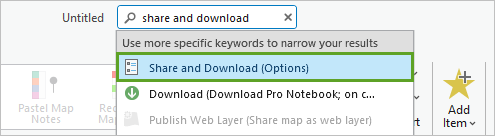 Share and Download (Options) in the Command Search menu Share and Download (Options) in the Command Search menu