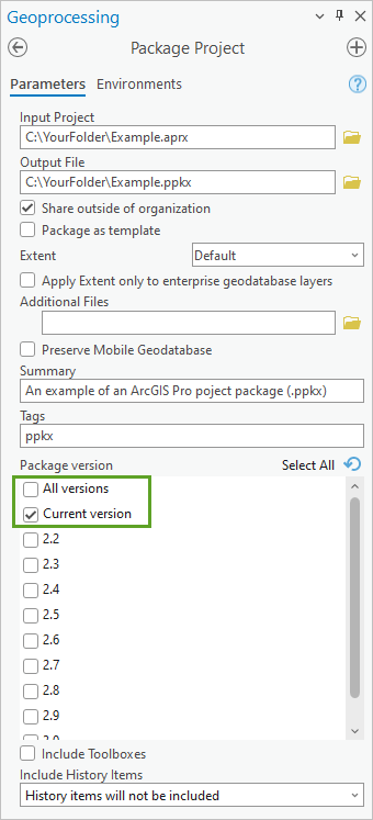 Package Project tool parameters