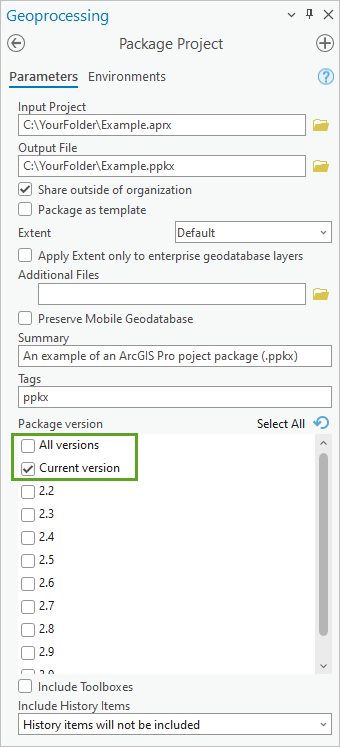 Package Project tool parameters Package Project tool parameters