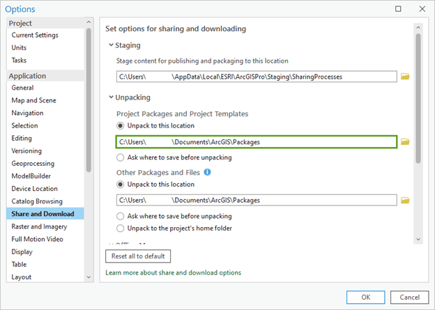 Unpack location in the Options window