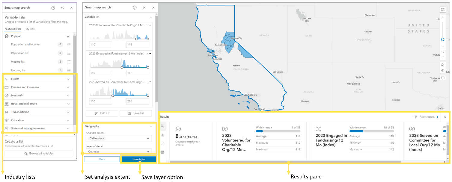 Map of California displayed in ArcGIS Business Analyst showing newly released Smart Map Search features and analysis within the results pane