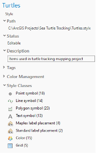 Style pane for symbols, colors, and label placements.