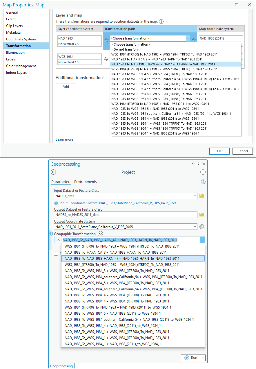 A transformation drop-down list in a map and in the Project tools