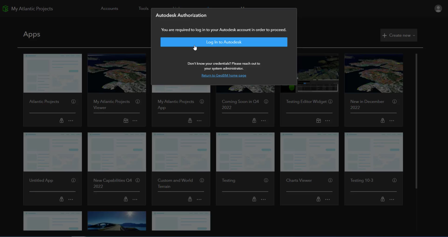 Users will now see a new login prompt when accessing ArcGIS GeoBIM apps without an authenticated Autodesk account. Users will now see a new login prompt when accessing ArcGIS GeoBIM apps without an authenticated Autodesk account.