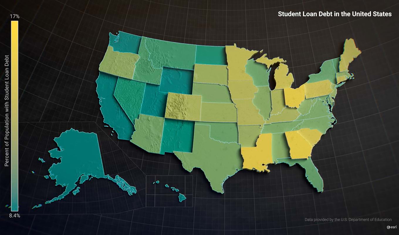 Map of student loan debt in the United States. Map of student loan debt in the United States.