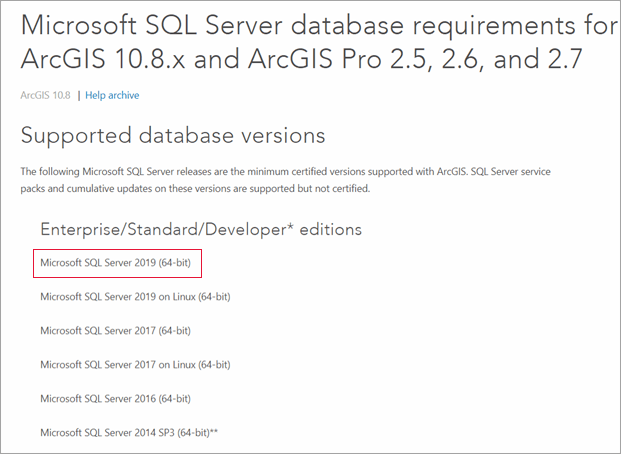 SQL Server database requirements for ArcMap