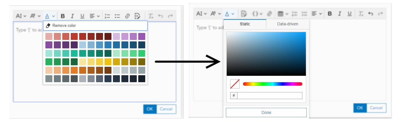 The previous color picker is shown alongside the new static font color picker.