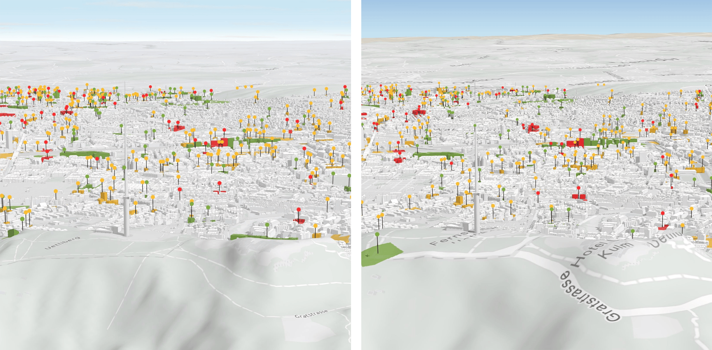 The global urban model of Zurich (left) next to the local urban model of Zurich (right). Visually, there are only slight differences.