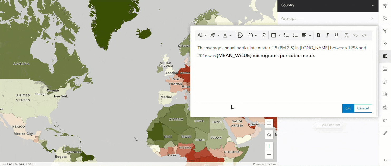 Using the data-driven font color picker to color pop-up text with an Arcade expression.