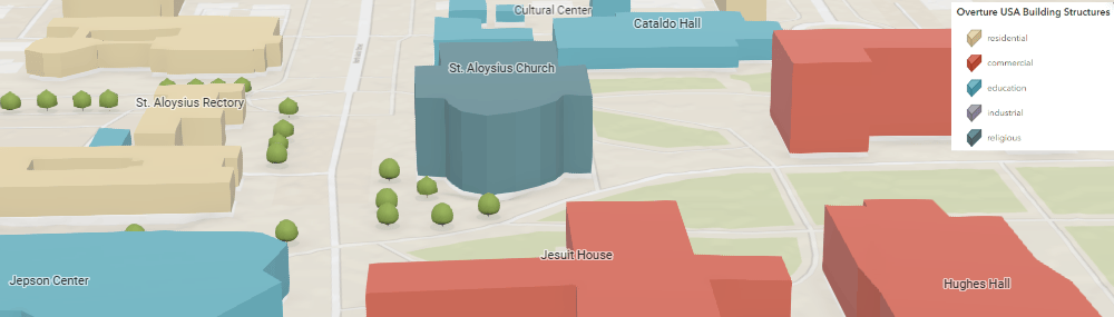 Overture Buildings extruded by 'height' value in USA Structures