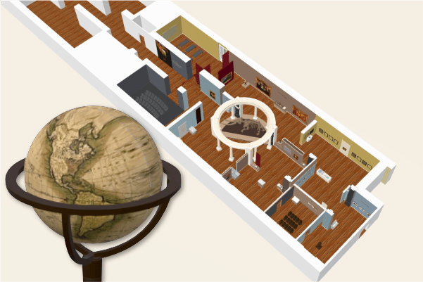 A 3D scene of the Alexander von Humboldt exhibit showing various displays within the rooms of the exhibit
