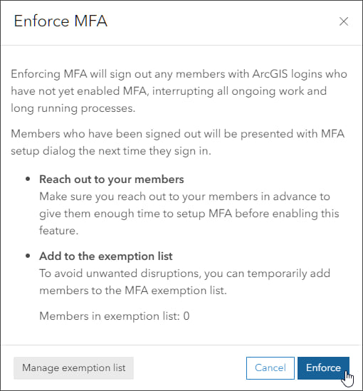 Enforced MFA information pane