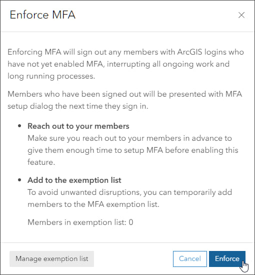 Enforced MFA information pane Enforced MFA information pane