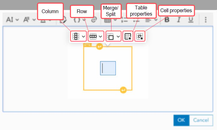 Table formatting menu will hover over the editor when the table is selected.