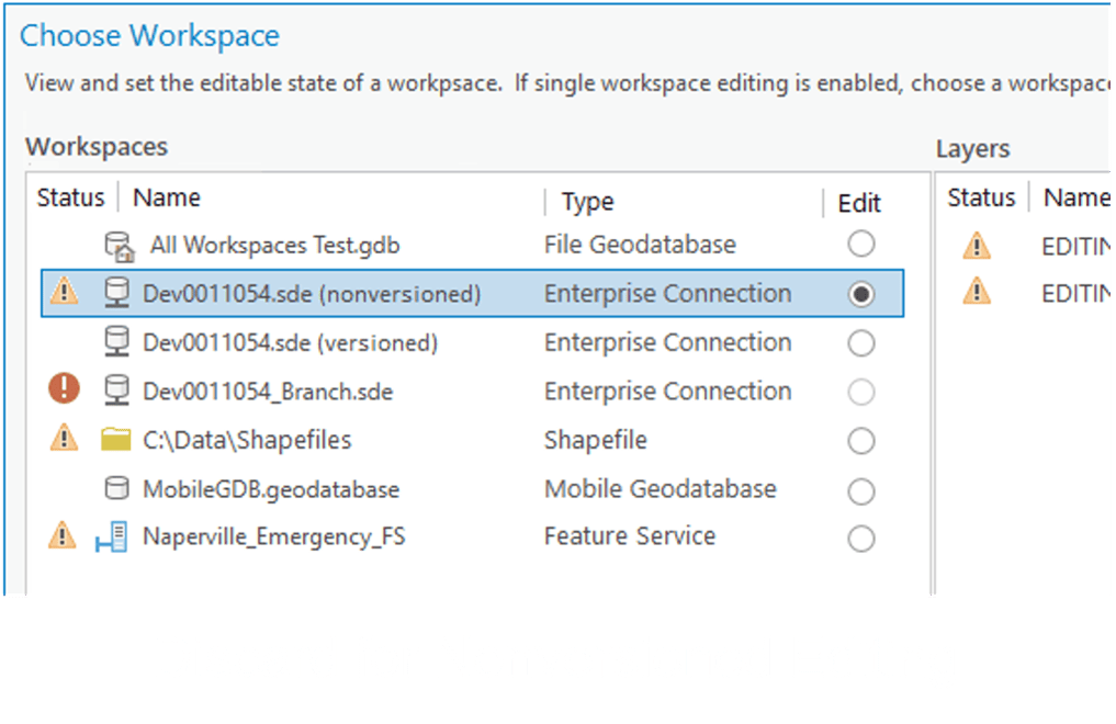Window pane in ArcGIS Pro that provides the workspace options to choose from. Window pane in ArcGIS Pro that provides the workspace options to choose from.