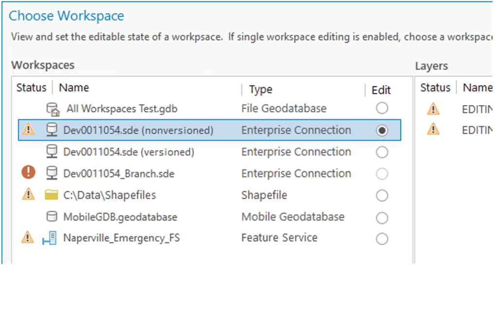 Window pane in ArcGIS Pro that provides the workspace options to choose from.