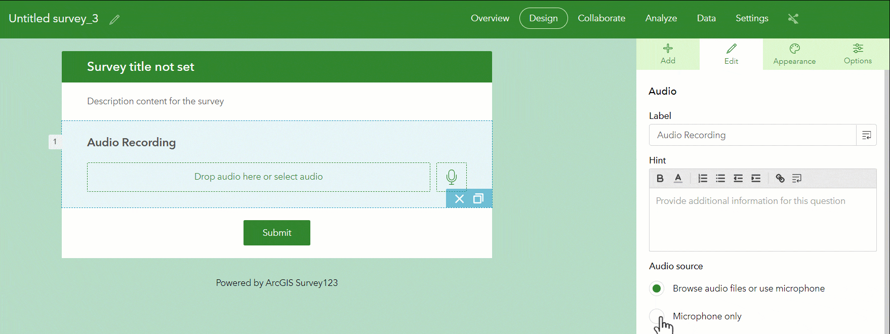 Screenshot showing how to configure an audio question. What's new in ArcGIS Survey123 (November 2023)