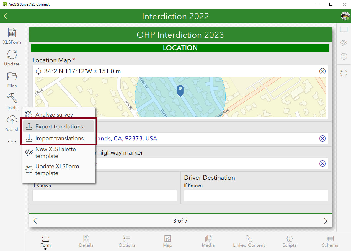 A screenshot of Survey123 Connect showing the new Import-Export Language tools. What's new in ArcGIS Survey123 (November 2023)