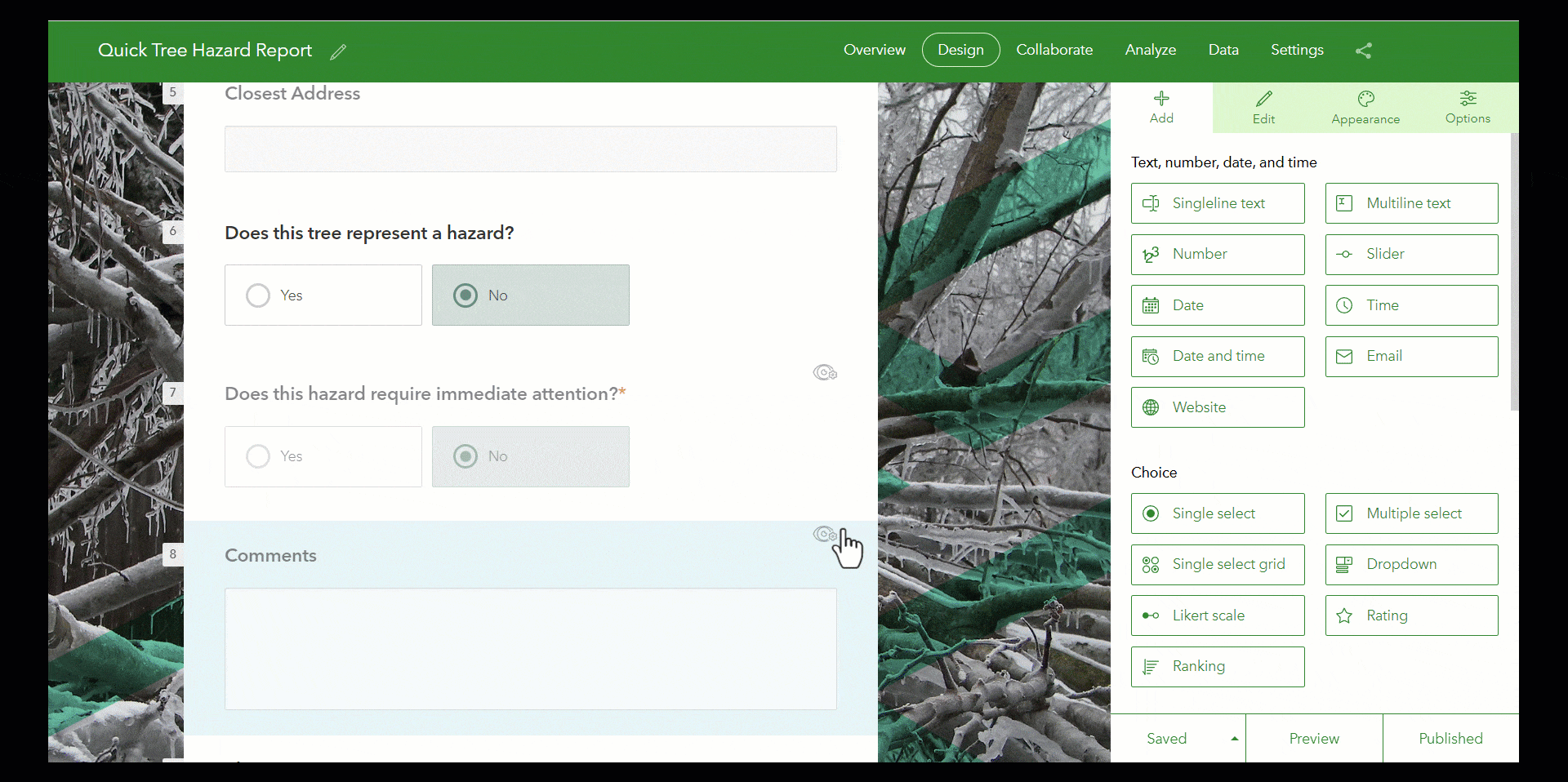 This image shows an animation of the Survey123 web designer visibility rule UX