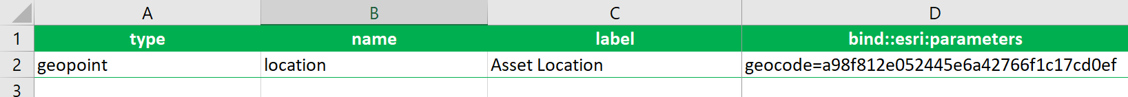 This screenshot shows XLSForm syntax to specify a custom locator in a geopoint question. What's new in ArcGIS Survey123 (November 2023) This screenshot shows XLSForm syntax to specify a custom locator in a geopoint question. What's new in ArcGIS Survey123 (November 2023)
