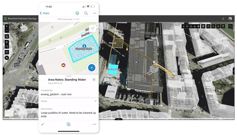 An image showing a 3D scene of a construction project in ArcGIS GeoBIM (right) and the ArcGIS Field Maps mobile app (left-center) for collecting issues and notes.