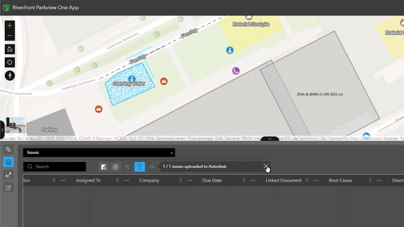 An image of ArcGIS GeoBIM with the cursor hovering over a message box confirming that one issue was uploaded to Autodesk.