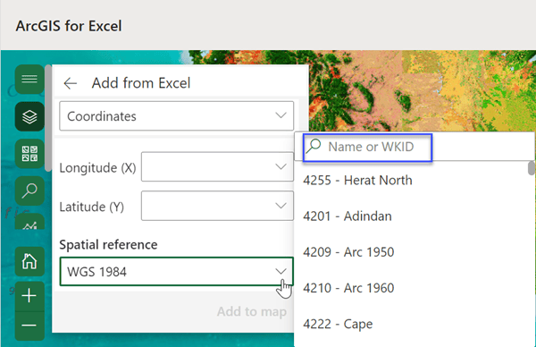 Spatial reference WKID drop-down menu