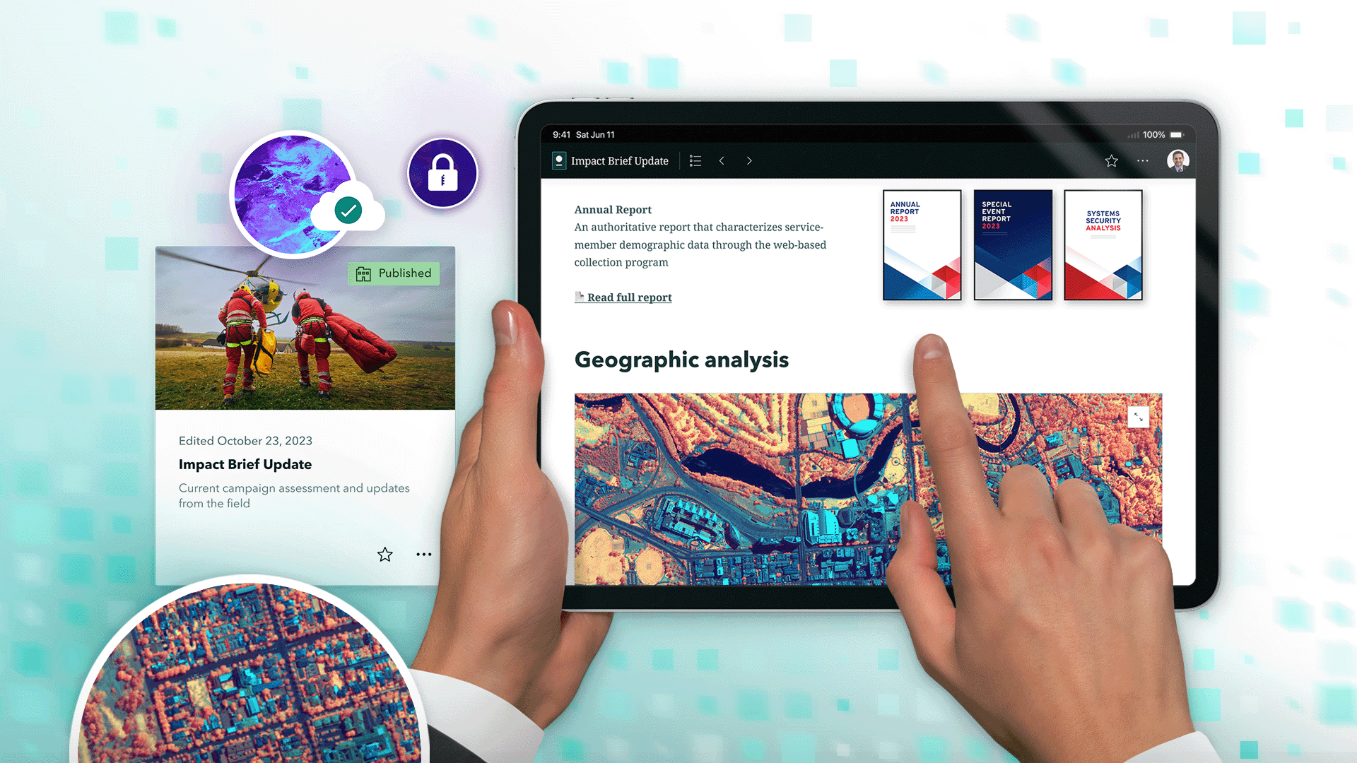 The briefings tablet app is shown next to a screenshot of the user interface of a briefing in the ArcGIS StoryMaps web app.