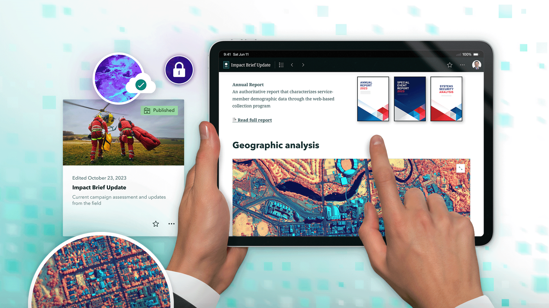 The briefings tablet app is shown next to a screenshot of the user interface of a briefing in the ArcGIS StoryMaps web app. The briefings tablet app is shown next to a screenshot of the user interface of a briefing in the ArcGIS StoryMaps web app.