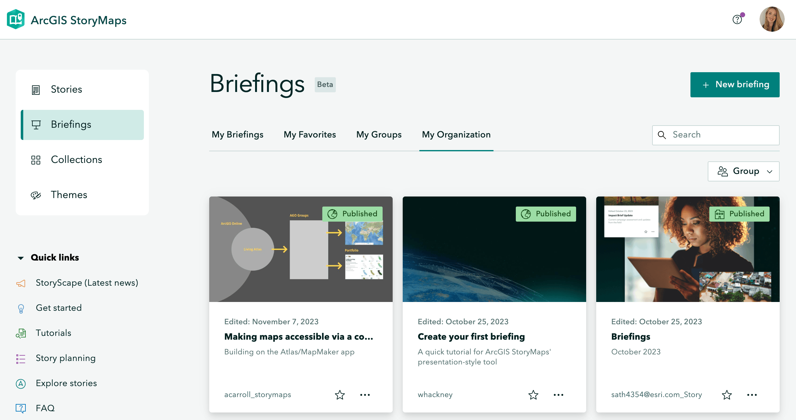 Screenshot of the user interface of the ArcGIS StoryMaps builder showing briefings. Screenshot of the user interface of the ArcGIS StoryMaps builder showing briefings.
