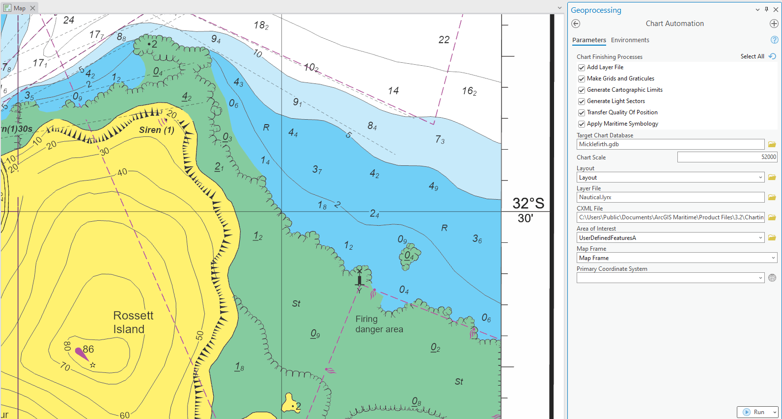 The Chart Automation tool pane and a portion of a paper chart in ArcGIS Pro