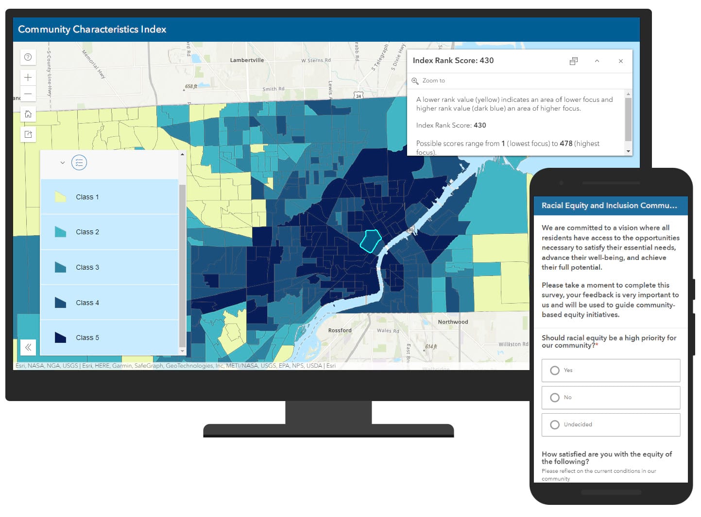 An image of the Community Characteristics Index web mapping application and a Racial Equity and Inclusion Survey123 form open on mobile in the foreground.