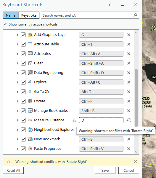 Example of a warning when a duplicate shortcut is assigned within the same contextual group