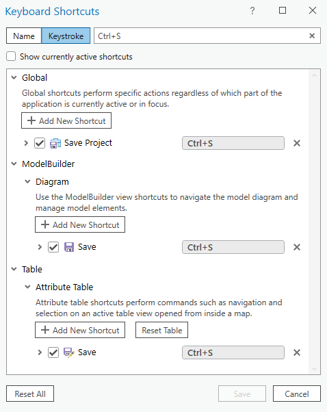 Uncheck Show currently active shortcuts to see all commands in all contexts that use a keystroke or keystroke combination